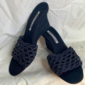 Manolo Blahnik SZ 36 Black Wedge Woven Slide Sandal - great condition